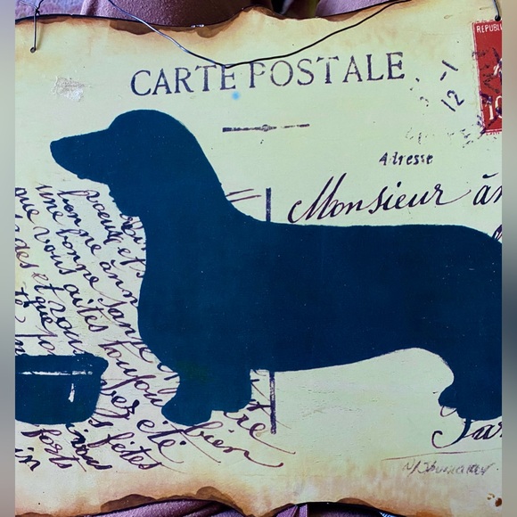 Tin Postcard with Black Dachshund in forefront & a Handwritten French Message - Picture 6 of 7